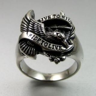   Biker Mens Stainless Steel Eagle Hawk RIDE TO LIVE Ring Size 11