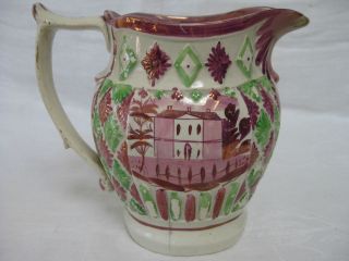   Pitcher, Pink & Green Luster, Mansion & Farmhouse/Wind​mill Pattern
