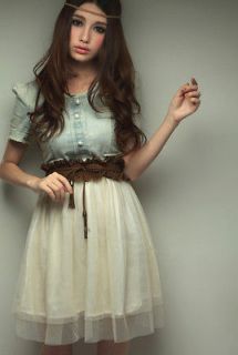 New Arrival Western Fashion Jean and Net Yarn Joint Dress With Belt