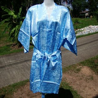 ladies soft silk kimono robe blue f1 short