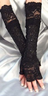   LONG BLACK SEQUIN FINGERLESS GLOVES LACE CUFFS / ARM WARMERS MF213