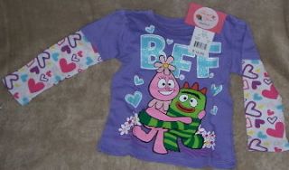 Yo Gabba Gabba BFF Brobee Foofa Mock Layer Purple Hearts Tee Shirt 