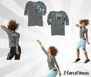 zumba fitness shatter ¾ sleeve top flatters all body types gray blue 
