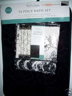 14pc BLACK WHITE SET Kalista Fabric Shower CURTAIN~HOOKS~RUG Bath 