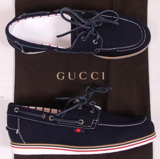 Gucci Shoes $560 Navy Logo Tied Vamp Linen Boat Shoe Casual Loafer 9 5 