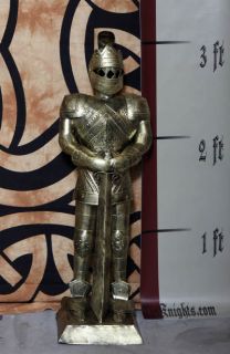 Foot Gold Suit of Armor Medieval Knight in Long Sword Down Stance 