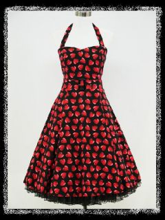 DRESS190 Black Red Heart Print 50s Rockabilly Swing Prom Vintage 