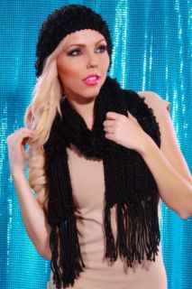 BLACK RIBBED KNIT BEANIE MATCHING SCARF SET @ Amiclubwear Earring 