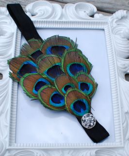peacock feather headband embellished with rhinestone on black elastic 