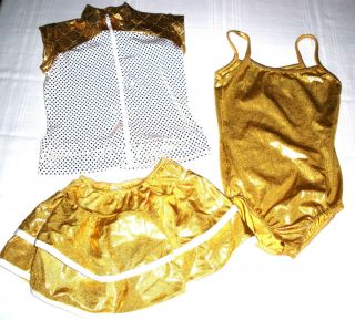 WISH COME TRUE GIRLS DANCE LEOTARD SKIRT AND JACKET SZ 8 10 GOLD AND 