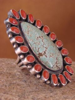   Indian Sterling Silver Turquoise & Coral Ring by Kirk Smith Size 5.5