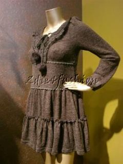   Gray Black Pom Pom Fur Trim Tiered Crochet Trim Sweater Dress L