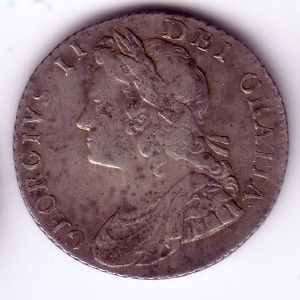 coin g b 1736 5 shilling abt vf scarce overdate