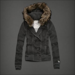 Abercrombie Women Meredith Gray Grey Faux Fur Button Hoodie Jacket 