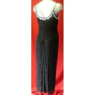 Adrianna Papell Black White Beaded Silk Gown Size 8P 8 Petite Dress 