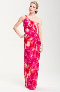 Adrianna Papell One Shoulder Floral Print Chiffon Gown 10