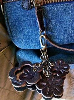 BCBG Denim Bag Leather Purse Jean Hobo Handbag Brown Charms Flower 