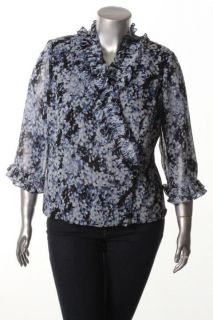 Alex Evenings New Blue Printed Ruffle Side Button Wrap Blouse Top Plus 