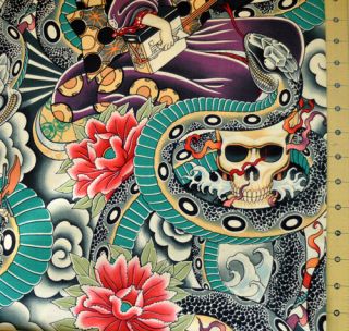 Alexander Henry Zen Charmer Fabric Japanese Tattoo Geisha Girl Skulls 