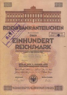 1925 Berlin Germany Reichsbank Anteilschein Über Einhundert 