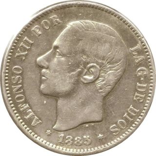 Spain 1885 5 Pesetas Alfonso XII Silver Crown VF