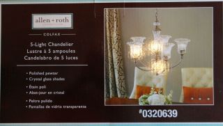 Allen Roth 5 Light Polished Pewter Chandelier w Crystal Glass Shades 