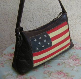 Brown Leather American West Patchwork American Flag Hobo Bag Purse 
