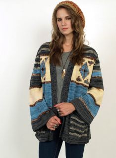Vtg 70s Tribal Bell Sleeves Space Dyed Hippie Belted Wrap Cardigan 