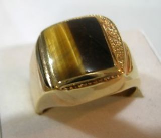 Tigers Eye Mens Ring Signed by Dolphin Ore 18 KT Gold EP Size 10 