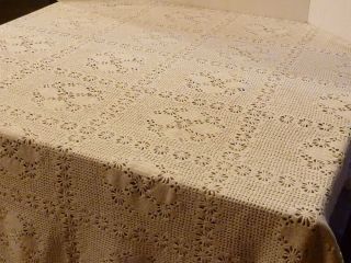 Lovely Handmade Ecru Crochet Lace Tablecloth Cotton 64x57 Vintage VGUC 