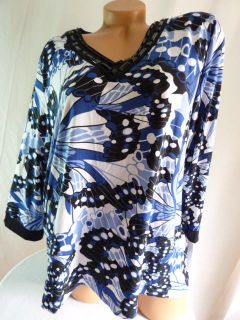 Alfred Dunner Stretchy Top Sz L Abstract Butterfly Print Blue Blk 3 4 