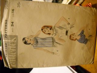 VINTAGE SEWING PATTERN BUTTERICK #7688 WOMENS BLOUSE SIZE 16 BUST 34 