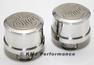 Pair Flame Top Polished Aluminum Push in Valve Cover Breathers 