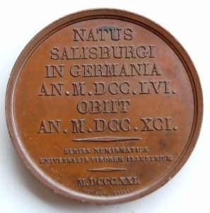 Wolfgang Amadeus Mozart 1821 Bronze Medallion by Caque Gem