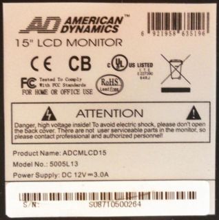 American Dynamics ADCMLCD15  500L13  15 Analog LCD Monitor  CCTV 
