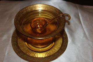 Ribbed Amber Depression Glass Mayonnaise Set w Gold Encrusted Trim 