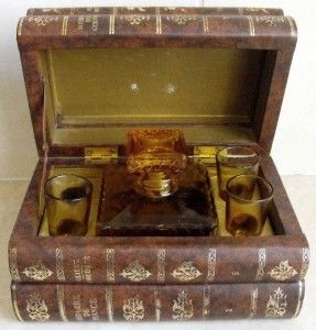 Retro Vintage Book Hidden Bar Set Amber Glass Decanter 3 Shot Glass 