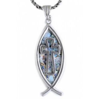   pendant, corss and fish, 925 Sterling Silver and ancient Roman Glass
