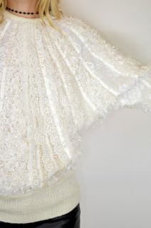 Vtg 70s Angel Feathers Lace Dolman Draped Winter White Knit Novelty 