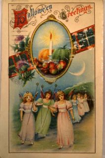 circa 1910 GIRLS IN ANGELS COSTUMES Halloween Postcard y0541