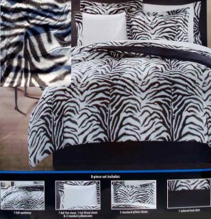 Zebra Print Black White Full Comforter Sheets Sham Bedskirt 8PC 