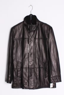 Andrew Marc Mens Legend Black Leather Knit Collar Walking Coat 