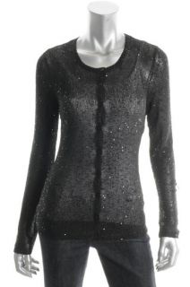 Anne Klein New Black Sequined Long Sleeve Crew Neck Button Cardigan 
