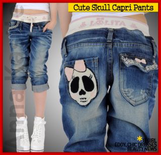 Lolita Jeans Womens Bow Skull Denim Capri Size s M L