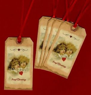 Prim Hang Tags Vtg Angel Blessings Valentines Day