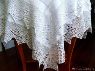 Antique White Linen Tablecloth Wide Hand Crochet Lace Edging