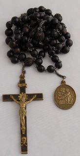 Antique Franciscan Crown Wood Habit Rosary with Scarce Brass Medal 