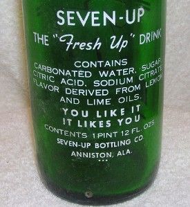   FRESH UP WITH SEVEN UP GREEN GLASS BOTTLE 1 PINT 12 FL OZ ANNISTON AL