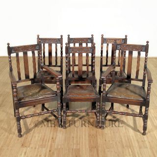 Antique English Solid Oak Jacobean Dining Side Chairs Set 6 c1920’s 