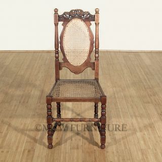 Antique English Solid Oak Jacobean Rattan High Back Side Chair c1920 